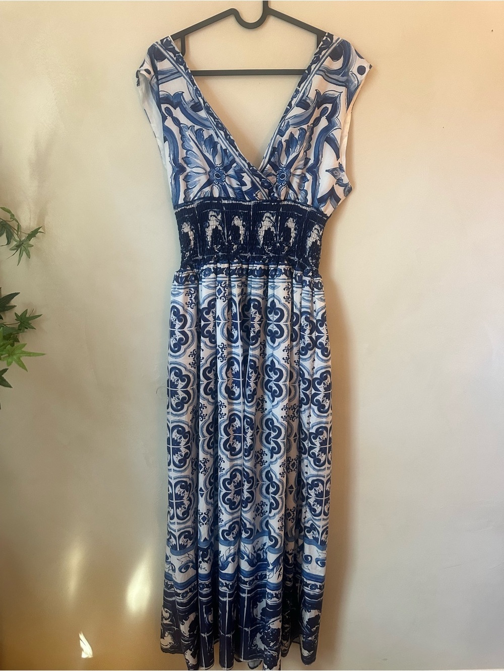 Blue and White Printed V-Neck Smocked-Waist Maxi Dress